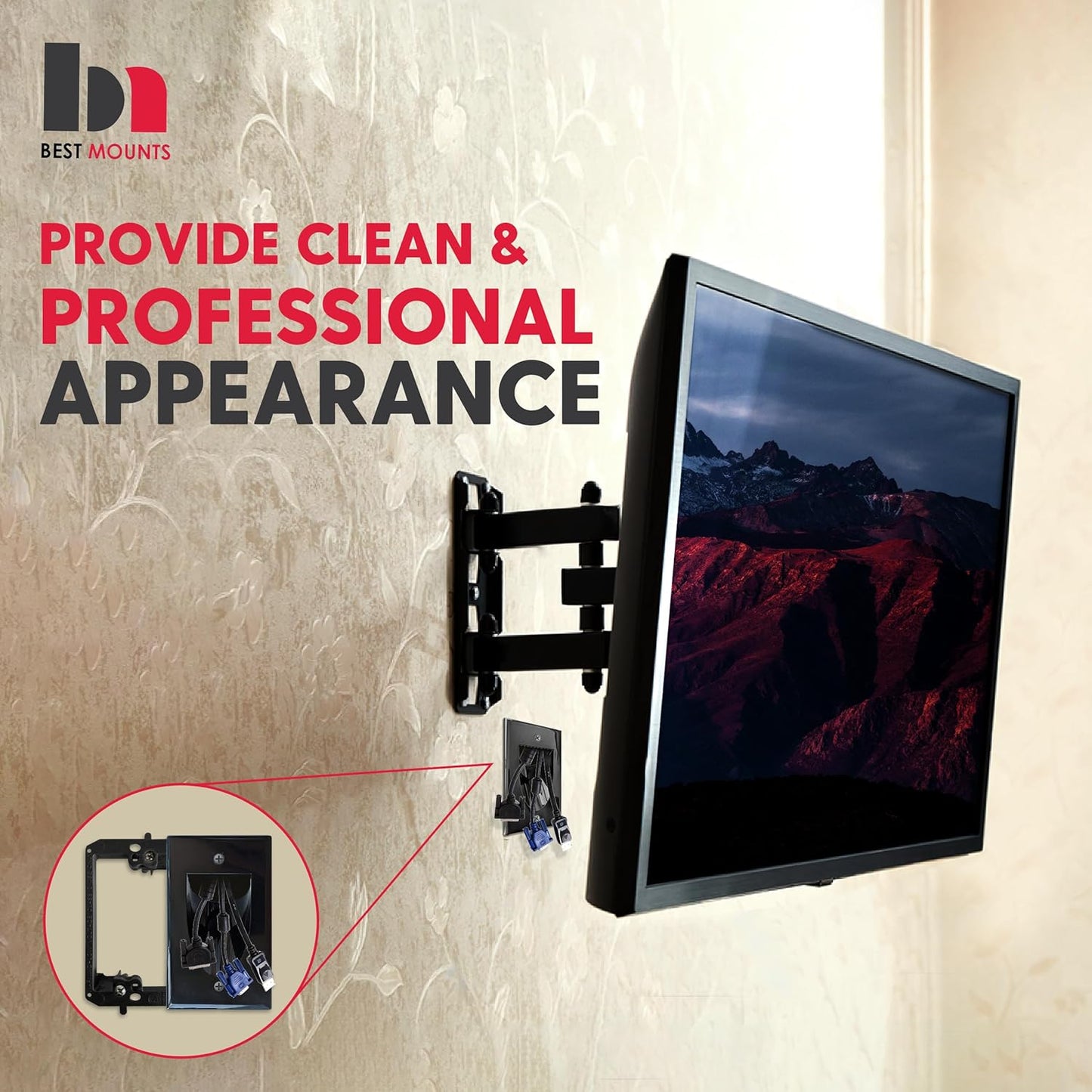 BestMounts - 1 Pack In Wall Cable Management Kit - Recessed Wall Plate Cable Pass Through Pair with Single Gang Low Voltage Mounting Bracket - TV Cord Hider for Wall Mounted TV ETL Listed