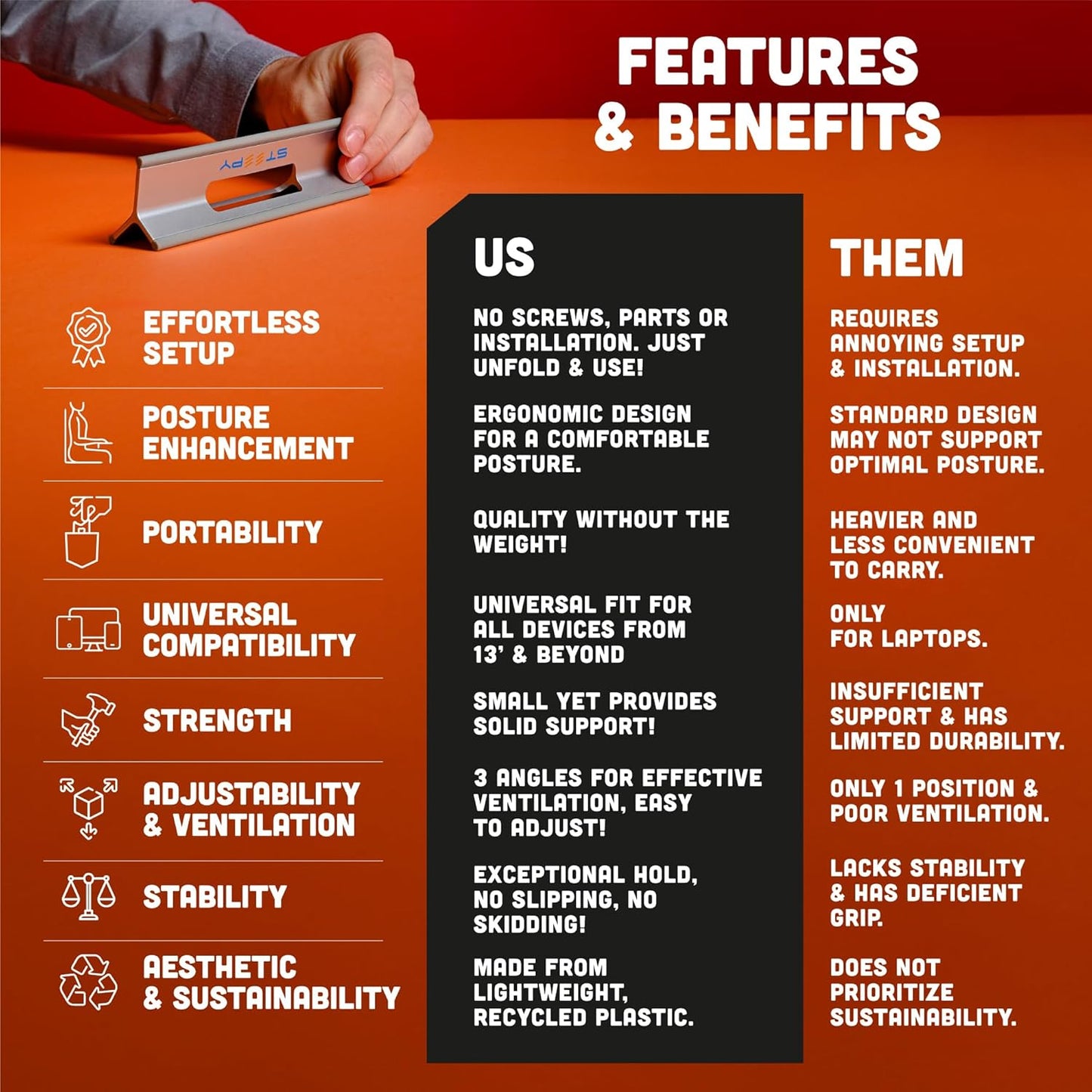 Steepy Portable Laptop Stand for Desk 3 Heights Computer Stand for Laptop Riser – Ergonomic Soporte para Laptop Base – Computer Holder & Elevated Lifter for Travel, Home Office, Projector Riser or DJ