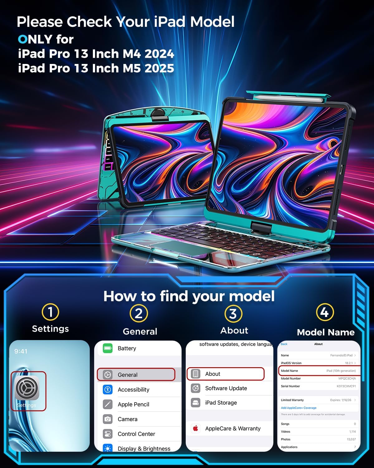 SIBEITU Keyboard Case for iPad Pro 13 Inch (M5 2025 / M4 2024), 360 Rotatable iPad Pro 13 Clear Cover with Multi-Touch Trackpad, 7-Color Backlight & 3 Brightness, High-Tech Visible PCB Design, Blue