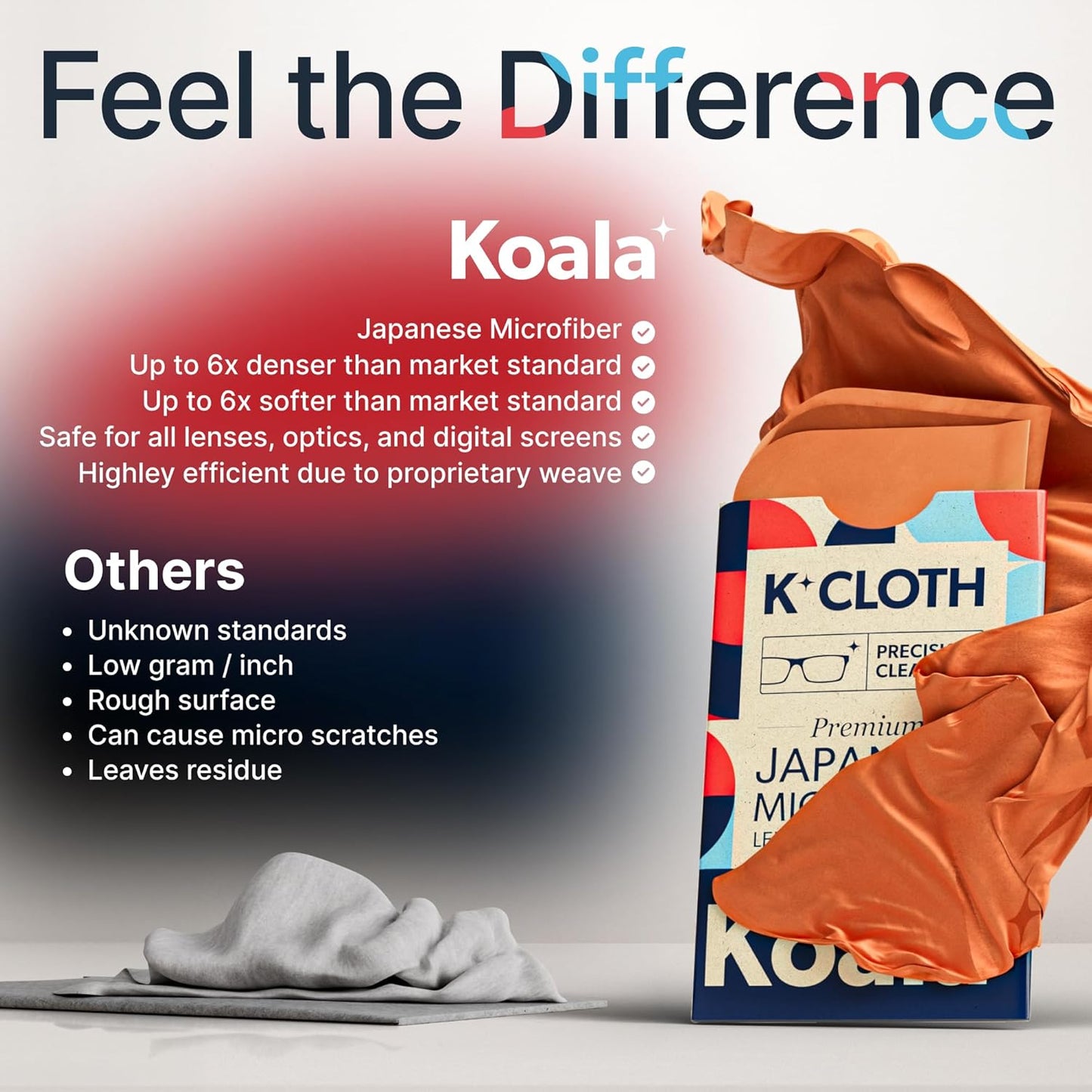 Koala Lens Cleaning Cloth | Japanese Microfiber | Glasses Cleaning Cloths | Eyeglass Lens Cleaner | Eyeglasses, Camera, VR/AR Headset, and Screen Cleaner | Pink & Orange (Pack of 6)