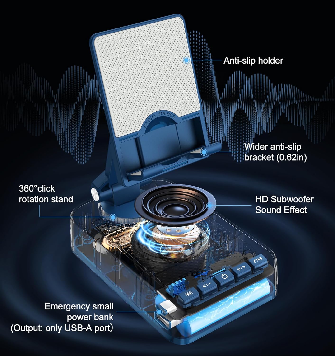 Gifts for Men Women, Bluetooth Speaker Phone Stand with Charging Function 360° Rotable Adjustable Cell Phone Holder HD Surround Sound for Desk Fits All Phones,Tablet (Blue)