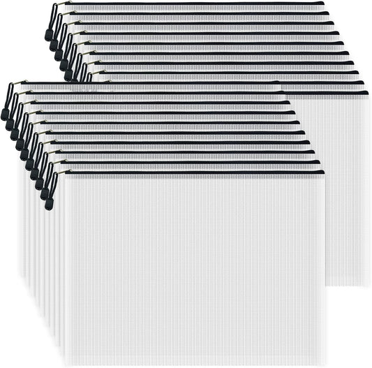 AUSTARK 20 Pcs Zipper File Bags, Plastic Mesh Pouch, Board Game Storage Bag, Waterproof Bags for Office School (A3 Size 16.9''x12'', White and Black)
