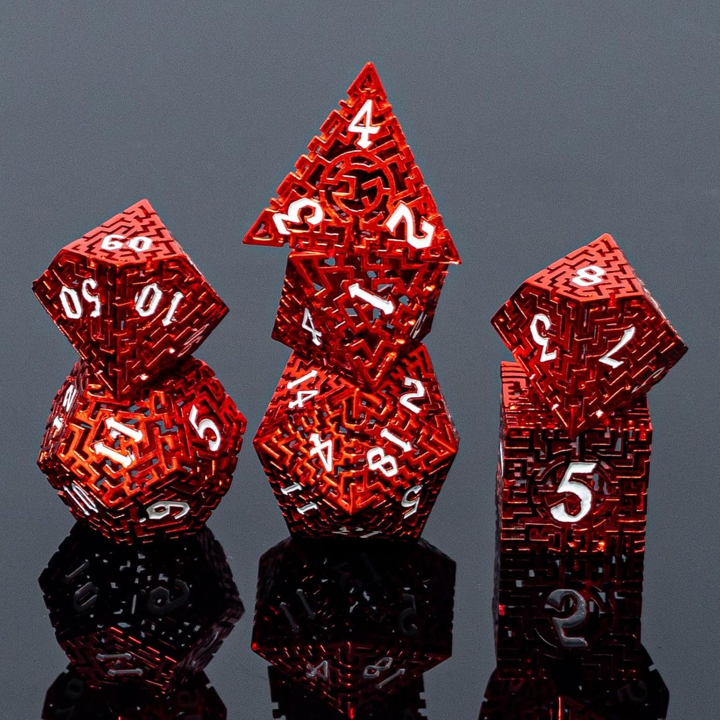 Red Metal Hollow DND Dice Set (Barbarian) Metallic Luster Maze Design with Storage Box - Balanced Weight 7 Piece Zinc Alloy, Designed for Dungeons and Dragons DM and Player RPG Accessories