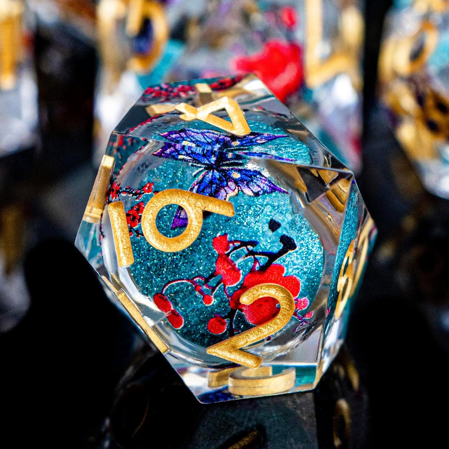 Butterfly DND Dice Blue Liquid Core Dice Set with Metal Box, Handmade Sharp Edge D and D Polyhedral Dice for use with D&D Role Playing Game, D20 D12 D10 D8 D6