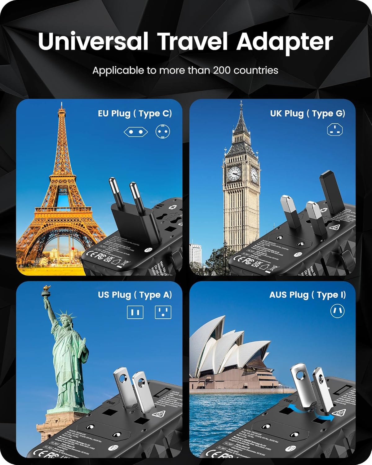 LENCENT 65W GaN International Travel Adapter with 2 USB-A & 3 Type C Ports, Fast Charger for Phones & Laptops, Worldwide Plug Adapter for USA/UK/EU/AUS, Black