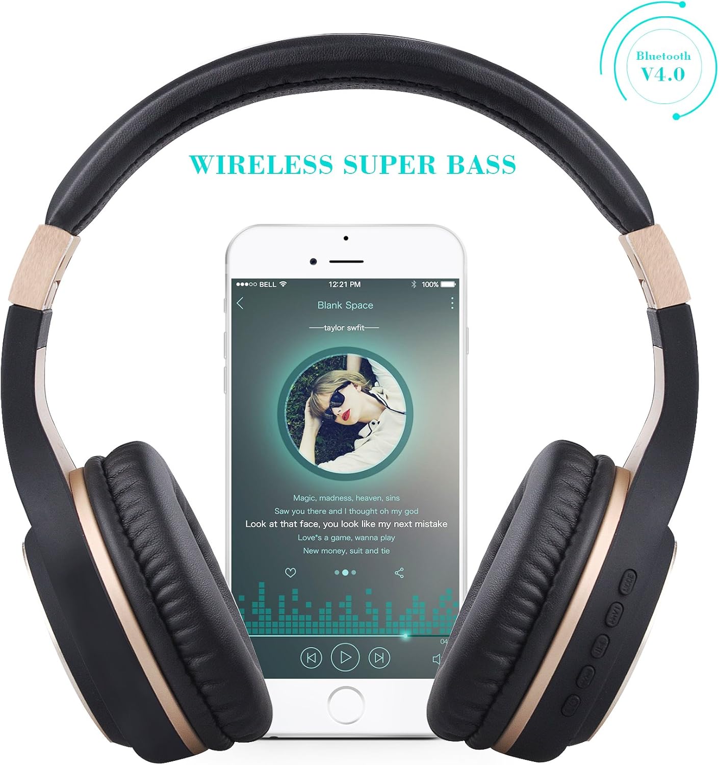 Riwbox Bluetooth Headphones, XBT-80 Folding Stereo Wireless Bluetooth Headphones Over Ear with Microphone and Volume Control, Wireless and Wired Headset for PC/Cell Phones/TV/iPad (Black Gold)