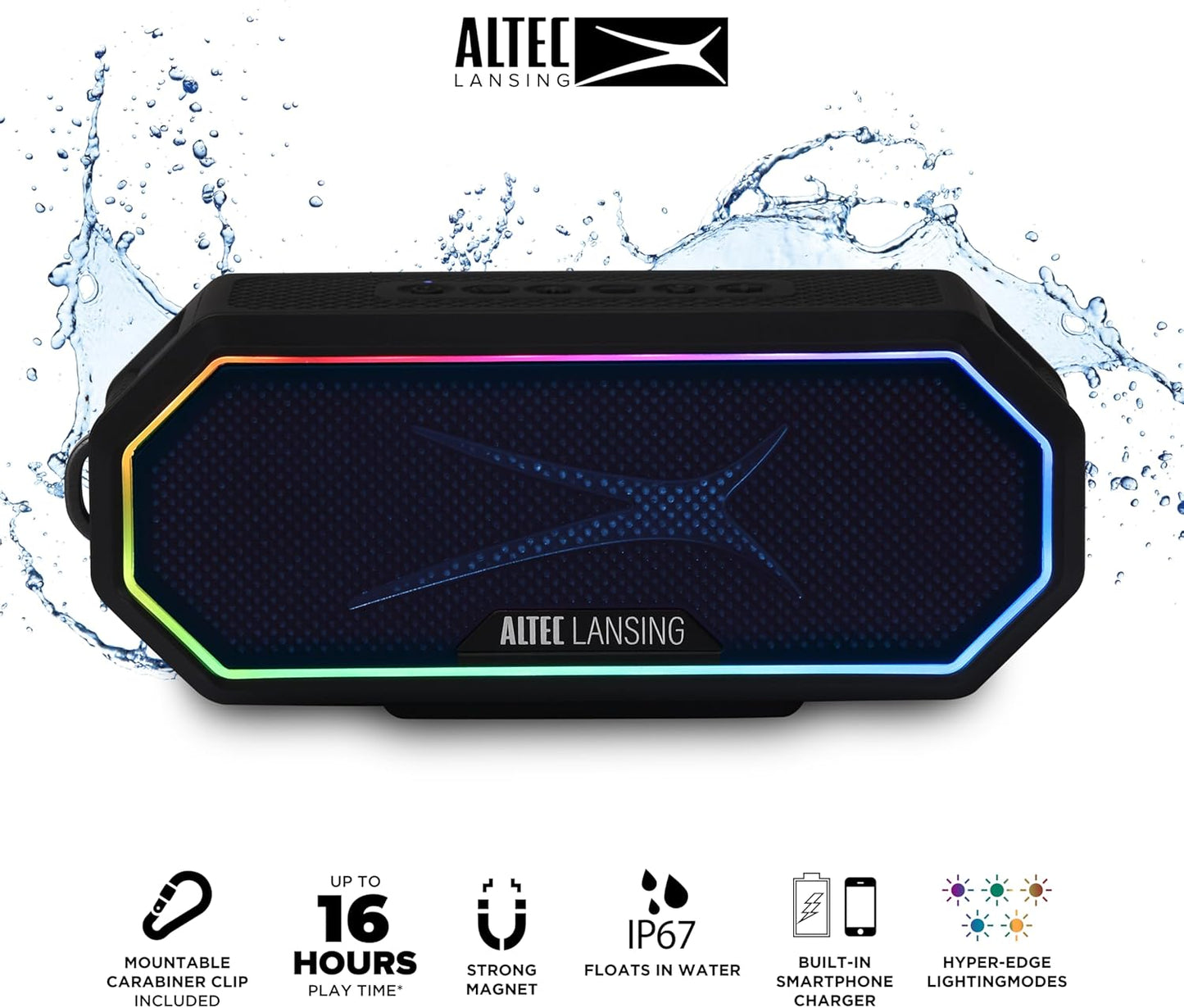 Altec Lansing Magnetic Bluetooth Speaker HYDRAJOLT 2.0, Waterproof IP67, 12W Output Power, 16H Battery, Multicolor LED, 100ft Wireless Range, Voice Assistant, USB-C Quick Charge