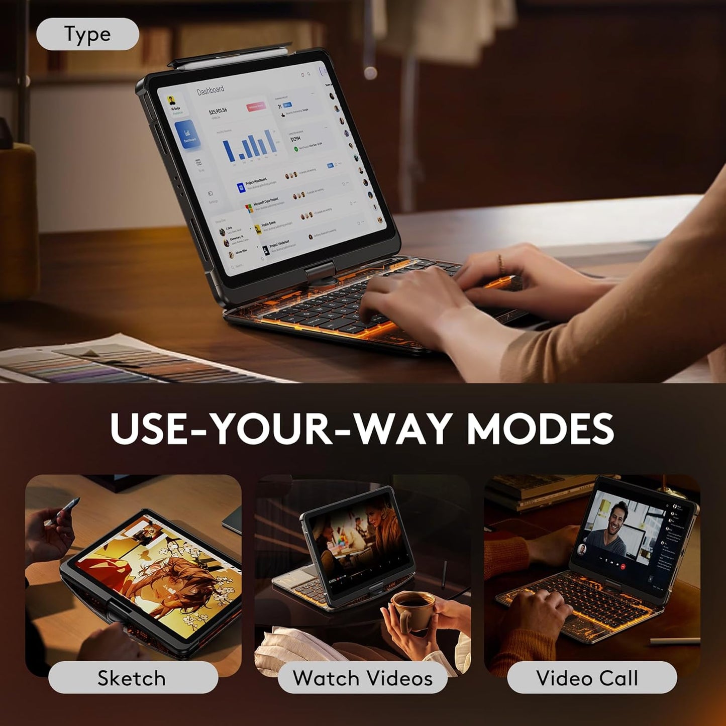 GUSGU Transparent Case with Wireless Keyboard only for 2024 iPad Pro 13-in.(M4), 7 Colors Backlight, Trackpad, 360°Rotating Stand for iPad Pro 13, Tech Style