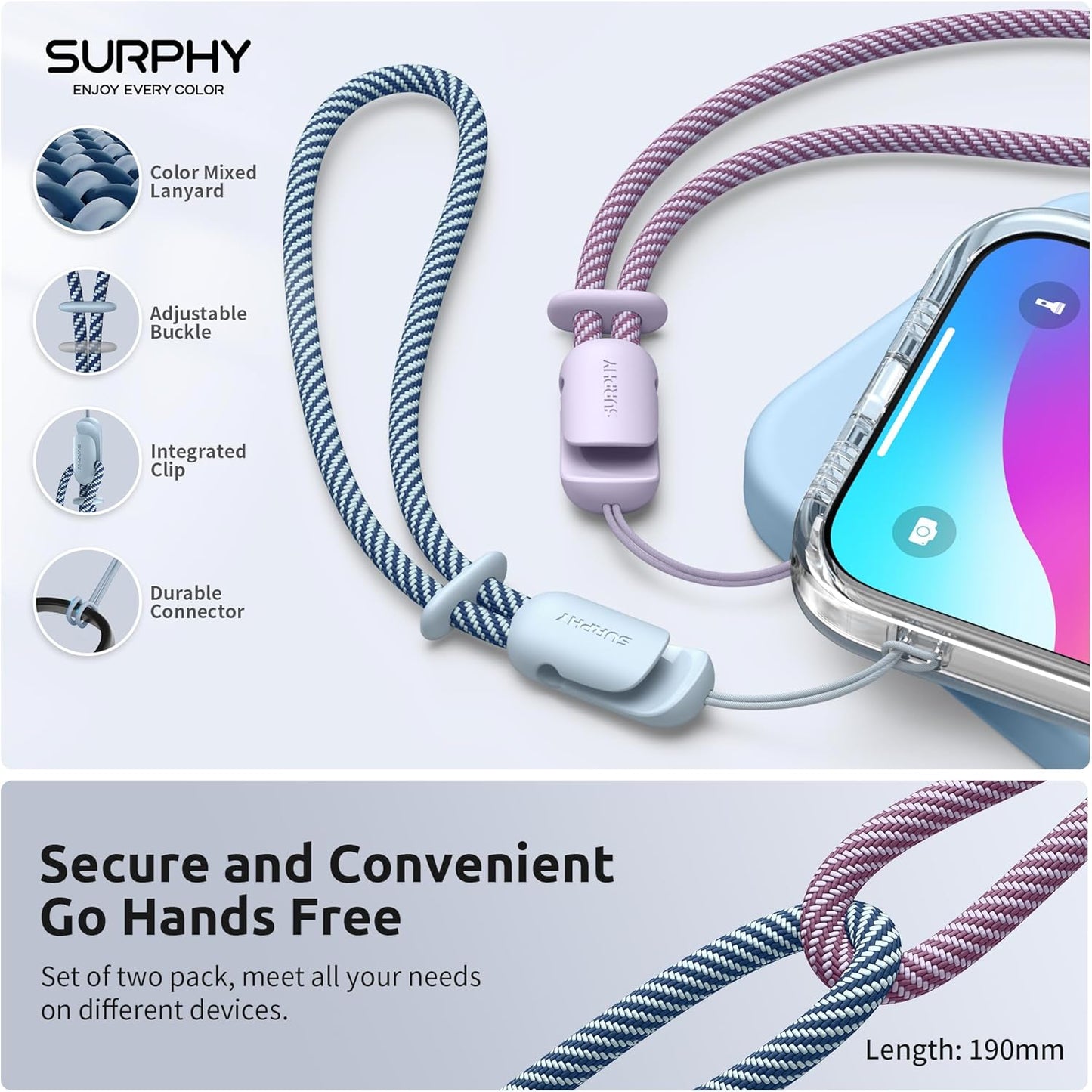 SURPHY 2 Pack Phone Lanyard for Cellphone Case, Phone Wrist Strap for Case, Cellphone Strap with 2-Color Braided, Charm Wrist Lanyard for Women, Cellphone Wrist Lanyard for Women, Lilac & Cloud Blue