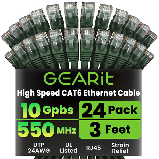 GearIT Cat 6 Ethernet Cable (24-Pack 3 Feet) Cat6 Network Patch, 10Gbps, RJ45, Snagless Cord, Gold-Plated Connectors, Internet for PC, TV, Tablet, Router, Printer, Servers, IT Data Center - Green