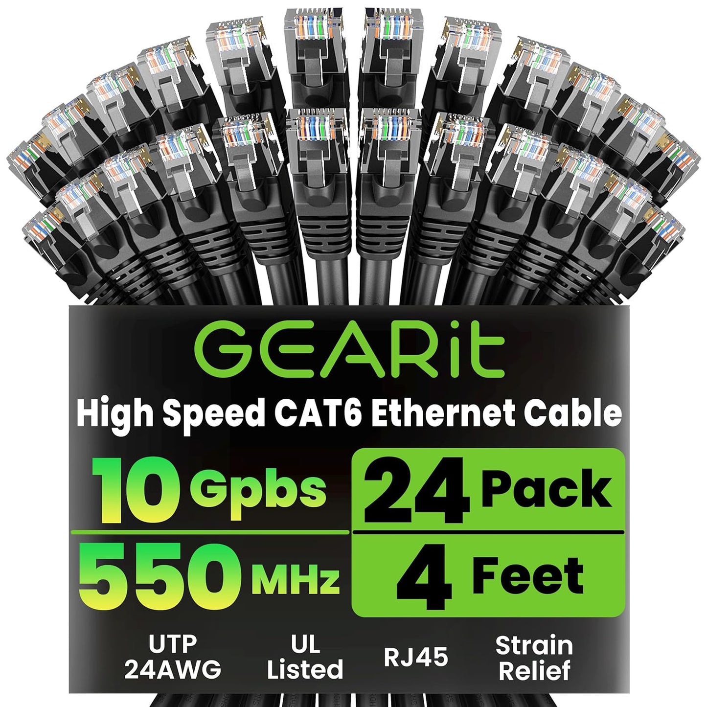 GearIT Cat 6 Ethernet Cable Pack - 24-Pack 4 ft Cat6 Ethernet Patch Cables | RJ45 Network Patch Cable, 10 Gbps Snagless Gold-Plated Connectors - Ethernet Cable Cat 6 for PC, TV, Router - Black