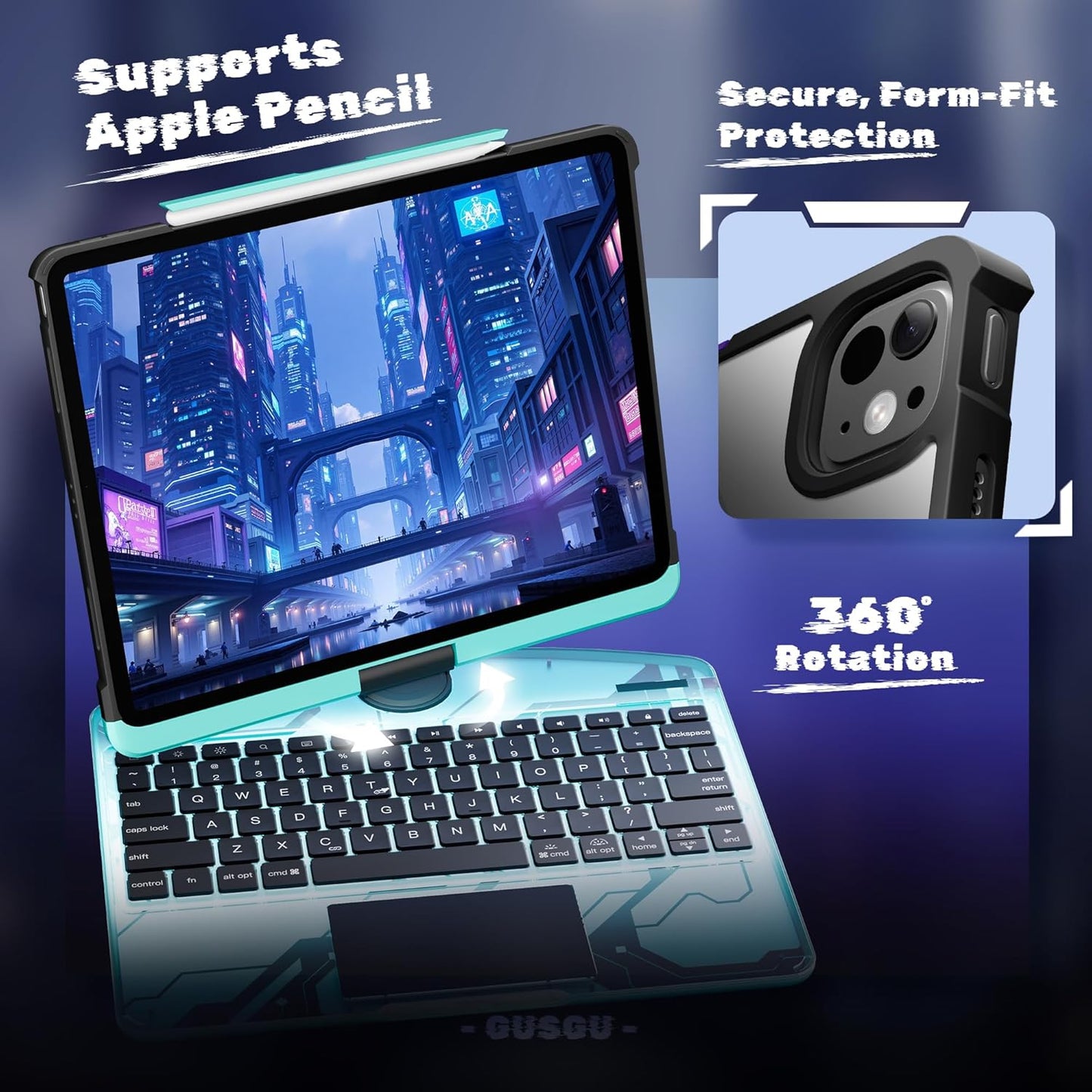 KITONE Transparent Case with Wireless Keyboard for iPad 10.2-in (7th, 8th, and 9th Gen), 7 Colors Backlight, Trackpad, 360°Rotating Stand, Tech Style