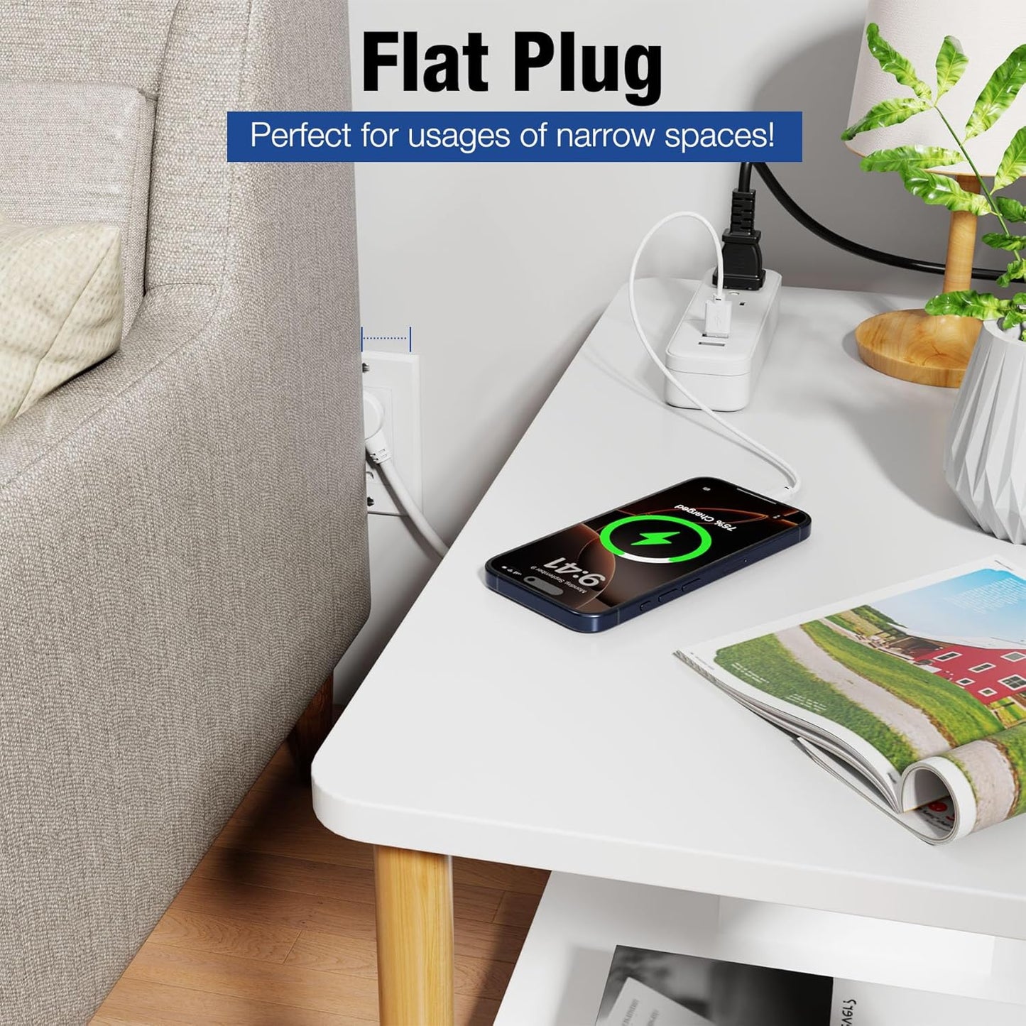 Power Strip Surge Protector - Flat Plug with 3 USB Ports 2 AC Outlets 20 Inch Extension Cord Small White Wall Mountable Outlet Extender for Travel Home Office College Dorm Room 1875W 125V 15A