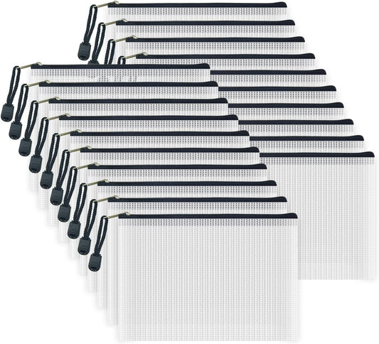 AUSTARK 20 Pcs Zipper File Bags, Plastic Mesh Pouch, Board Game Storage, Waterproof Bags for Office School (B6 Size 7.6''x5.3'', White and Black)