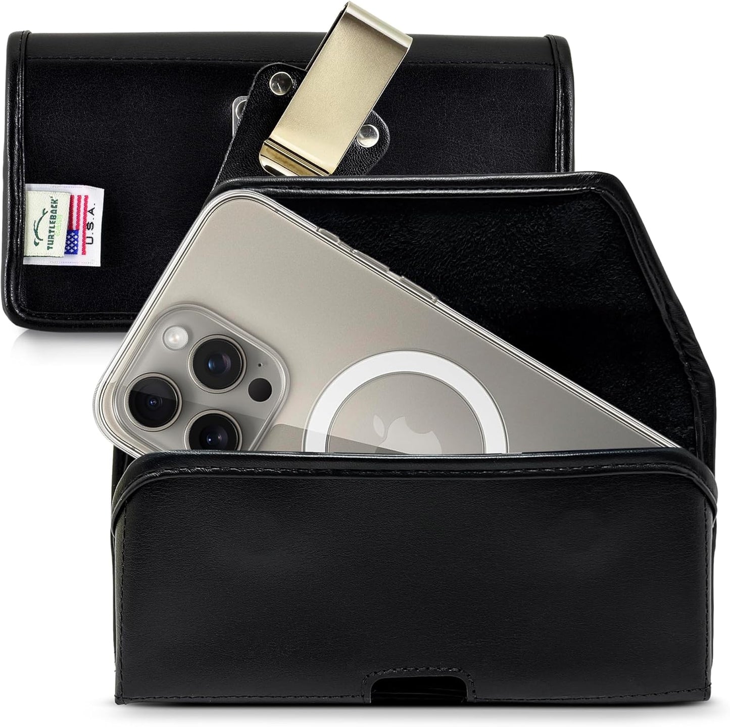 Turtleback Belt Clip for iPhone 16 Pro, 16e, 15 pro 14 Pro 13 Pro -Small- Fits w/Slim MagSafe Style Cases - Premium Black Leather, Horizontal Belt Holder, Magnetic Closure HD Rotating Belt Clip