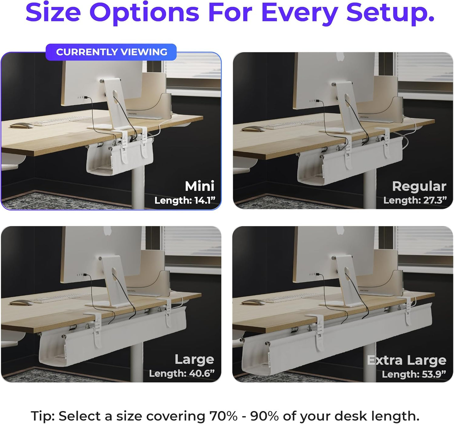 Ascrono Original No Drill Under Desk Cable Management Tray 14.1" - Premium White Fabric Cable Management Under Desk - Clamp/Screw Mount Cord Organizer - Supports Upto 66lbs