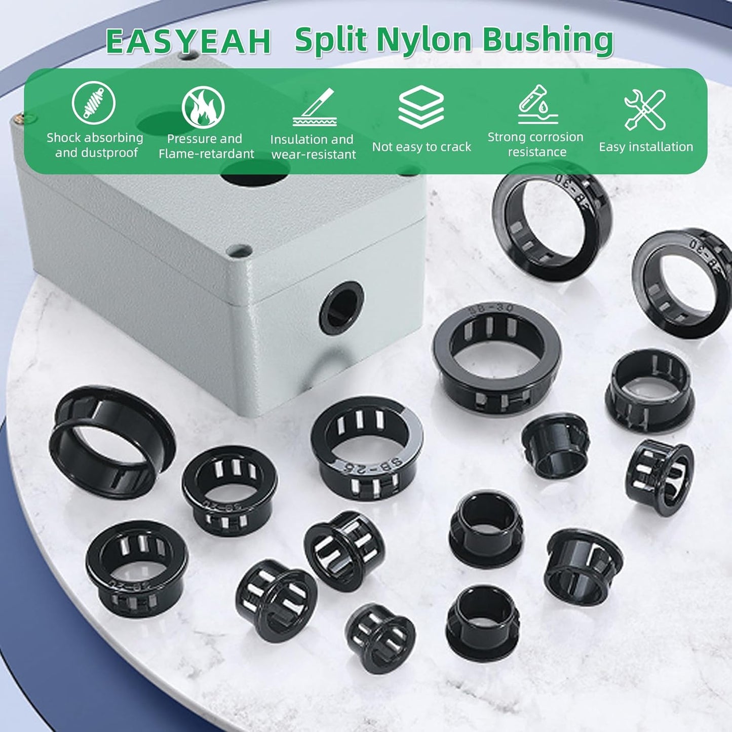 2-5/8"(70mm) Black Snap-in Knockout Insulating Bushing Grommets, Plastic Cable Hole Grommet for Wiring, Round Nylon Snap in Locking Electrical Wire Cord Hose, Tubing Bushings Grommets, 4pcs