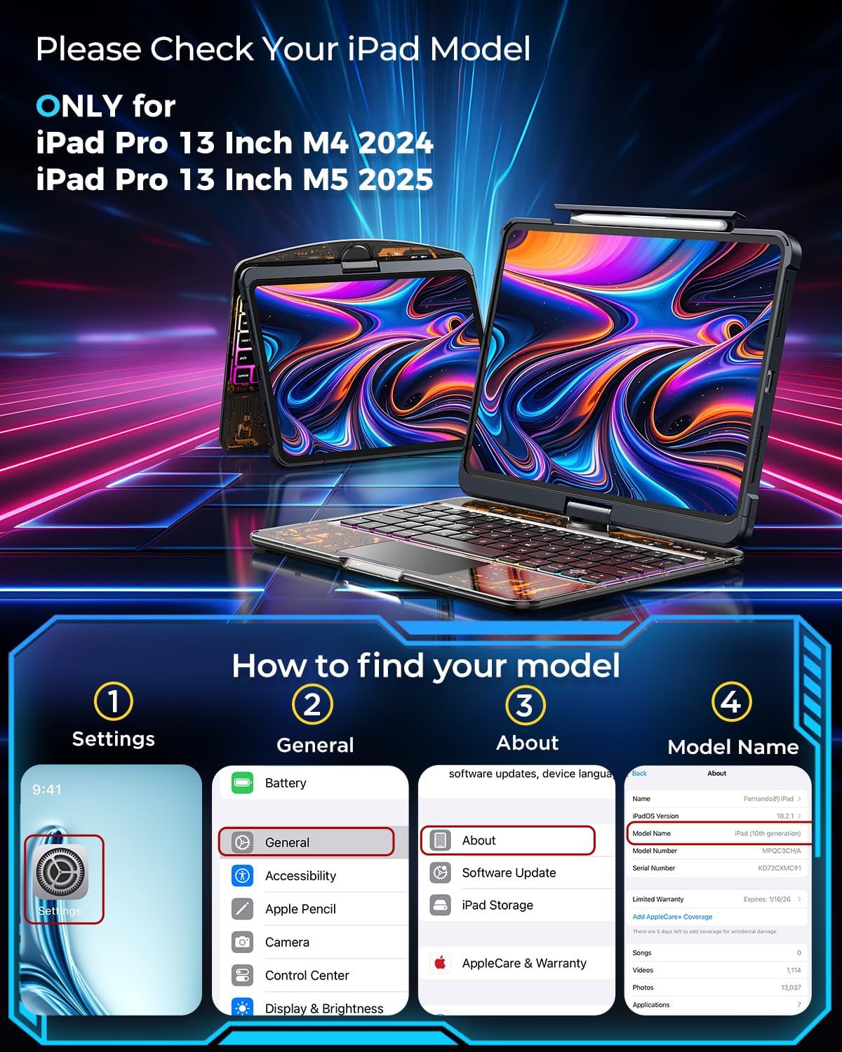 SIBEITU Keyboard Case for iPad Pro 13 Inch M5 2025 / M4 2024, Clear Wireless Protective Cover with Multi-Touch Trackpad, 7-Color Backlight & 3-Brightness, 360 Rotatable, Visible PCB Tech Design, Black