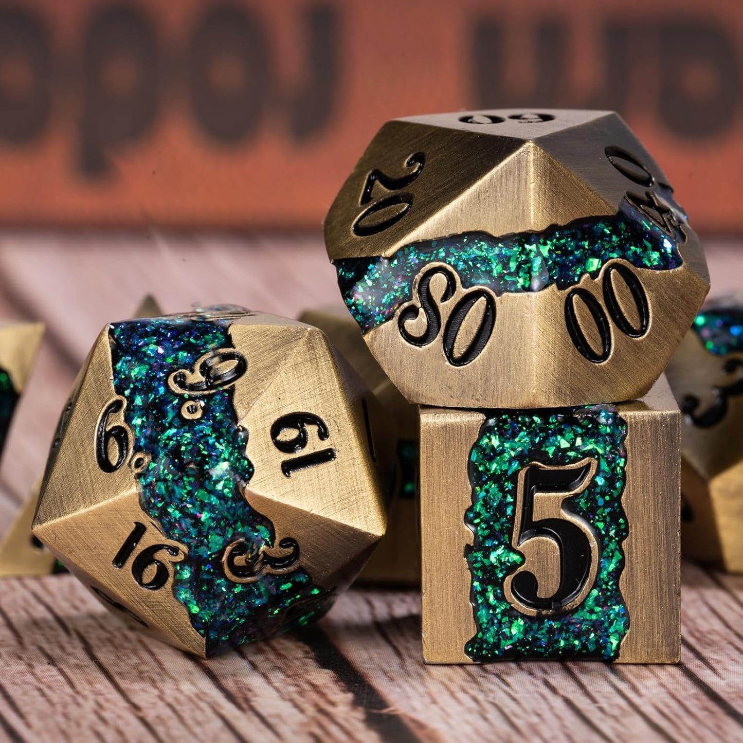 Metal RPG Dice Set,Mica Glitter Stripe Dice DND,Antique Bronze Dice 7pcs Set for Dungeons and Dragons