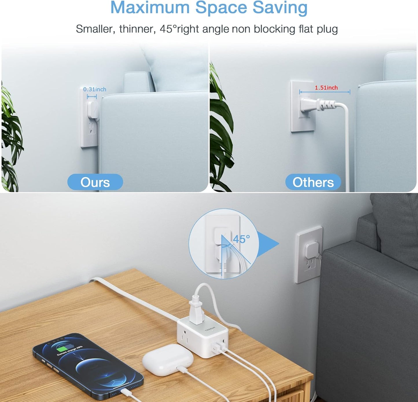 Ultra Thin Flat Extension Cord 10 FT, TESSAN Small Flat Plug Power Strip with 3 USB Charger (1 USB C), 3 Outlets Desk Charging Station, 10 Feet Long Slim Plug for Travel, Dorm Room, Office Essentials