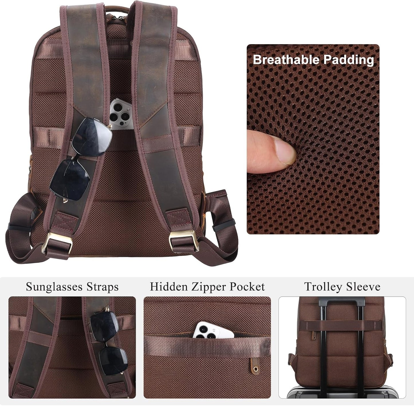 TIDING Men's Full Grain Leather Backpack Fits 16" Laptop, Vintage Business Casual Daypack 19L Overnight Travel Rucksack