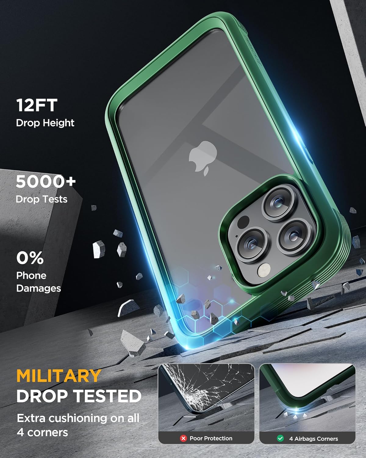 Miracase for iPhone 15 Pro Max Case 6.7'' Full-Body Phone case with Built-in Glass Screen Protector& Camera Protector,Drop Proof 15 Pro Max Cover,Green