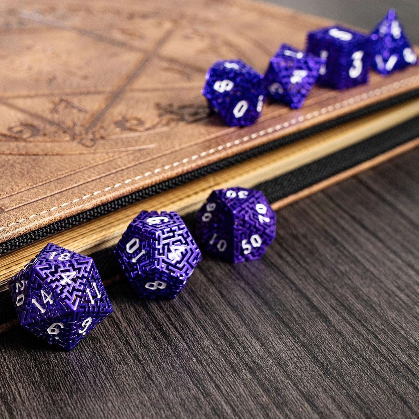 Purple Metal Hollow DND Dice Set (Warlock) Metallic Luster Maze Design with Storage Box - Balanced Weight 7 Piece Zinc Alloy, Designed for Dungeons and Dragons DM Player RPG Accessories