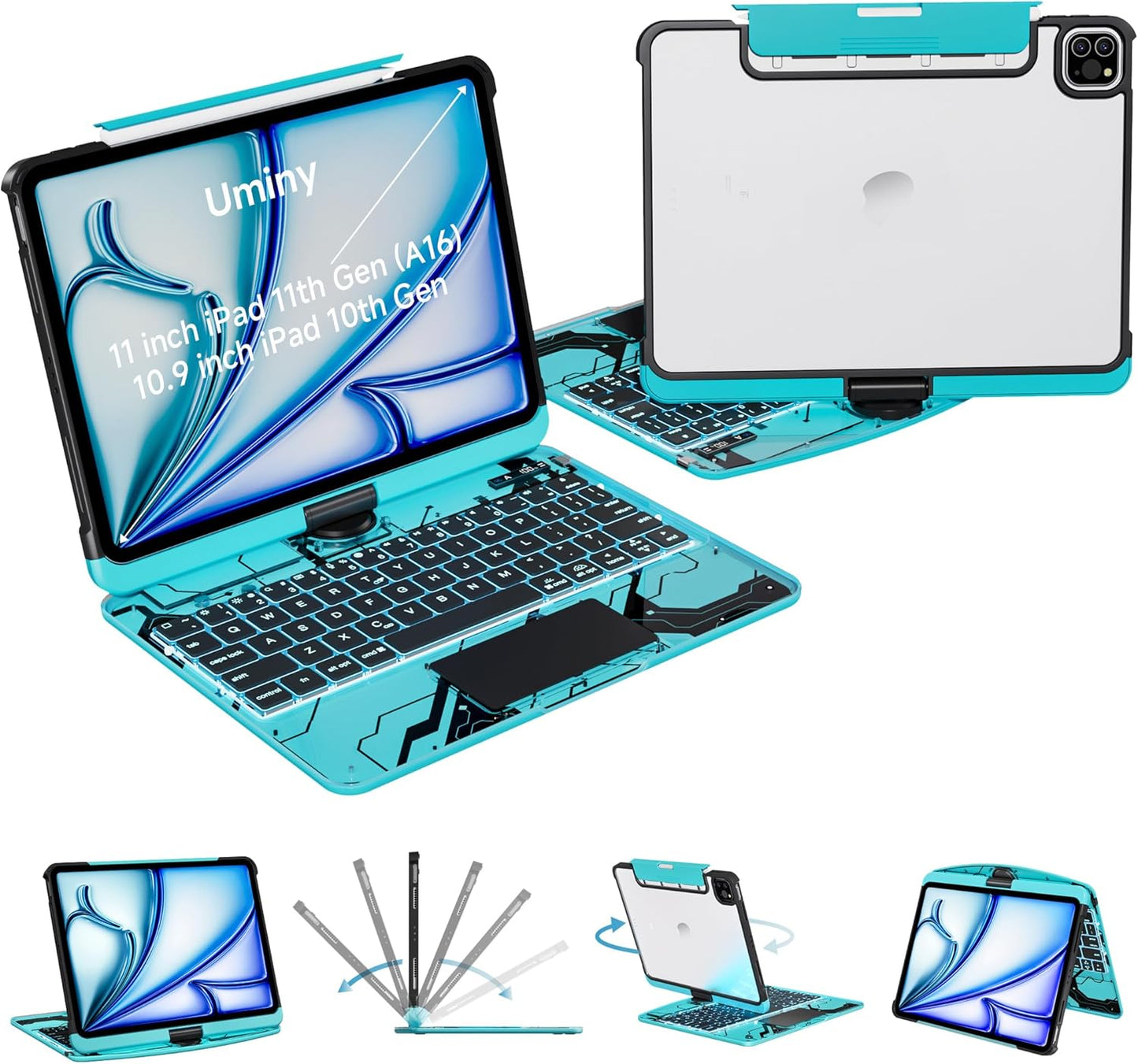 iPad Keyboard Case for iPad 10th Gen (2022) & 11th (A16, 2025), Magic Wireless Keyboard with Trackpad 7 Color Backlit, 360° Rotating Stand Transparent Protective Cover with Pencil Holder (Cyan)