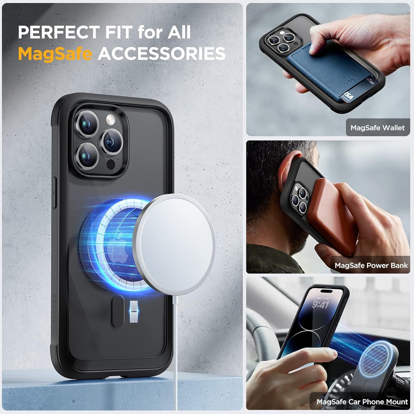 Miracase Magnetic for iPhone 14 Pro Case 6.1 inch, (Compatible with MagSafe) Upgrade Full-Body Clear Phone Bumper Case with Built-in 9H Tempered Glass Screen Protector, Magnetic Classic Black