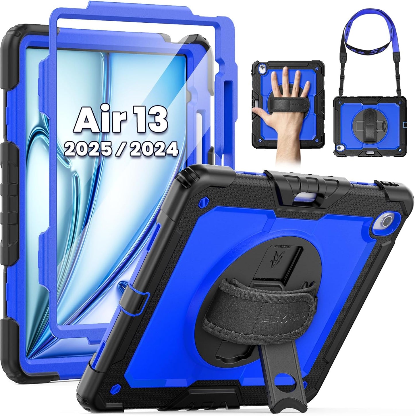 SEYMAC for iPad Air 13 Inch Case M3 2025/ M2 2024, Heavy Duty Shockproof Protective Case with Screen Protector, 360° Rotating Stand, Hand/Shoulder Strap and Pen Holder for iPad Air 13, Blue