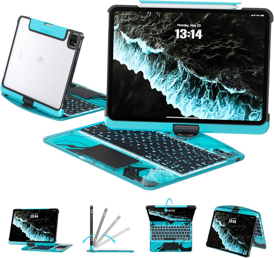 Transparent Case with Keyboard for 2024 iPad Pro 13 inch (M4), iPad Pro 13,7-Color Backlit,Magic Wireless Keyboard, 360°Rotating,Multi-Touch trackpad,Pencil Holder,with Shortcuts,Blue