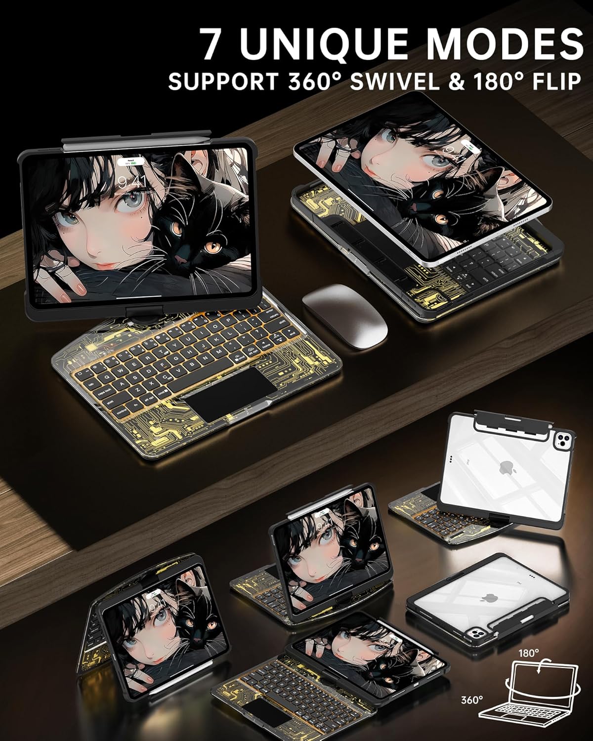 Intermerge Clear Keyboard Case for iPad Pro 11" (M4) 2024 Only, 360° Swivel Multi-Touch Trackpad, 7-Color RGB Backlit, Pencil Holder, Type-C, Power Indicator, Shadow Pulse