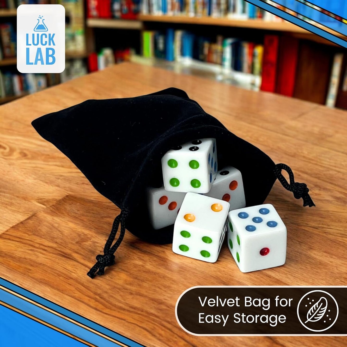 Luck Lab 10 Piece D6 Multicolor Pip Dice Pack - Acrylic 16mm Square Edge Standard Dice for RPG MTG DND Table Games and Board Games, Storage Bag Included (White Multicolor)