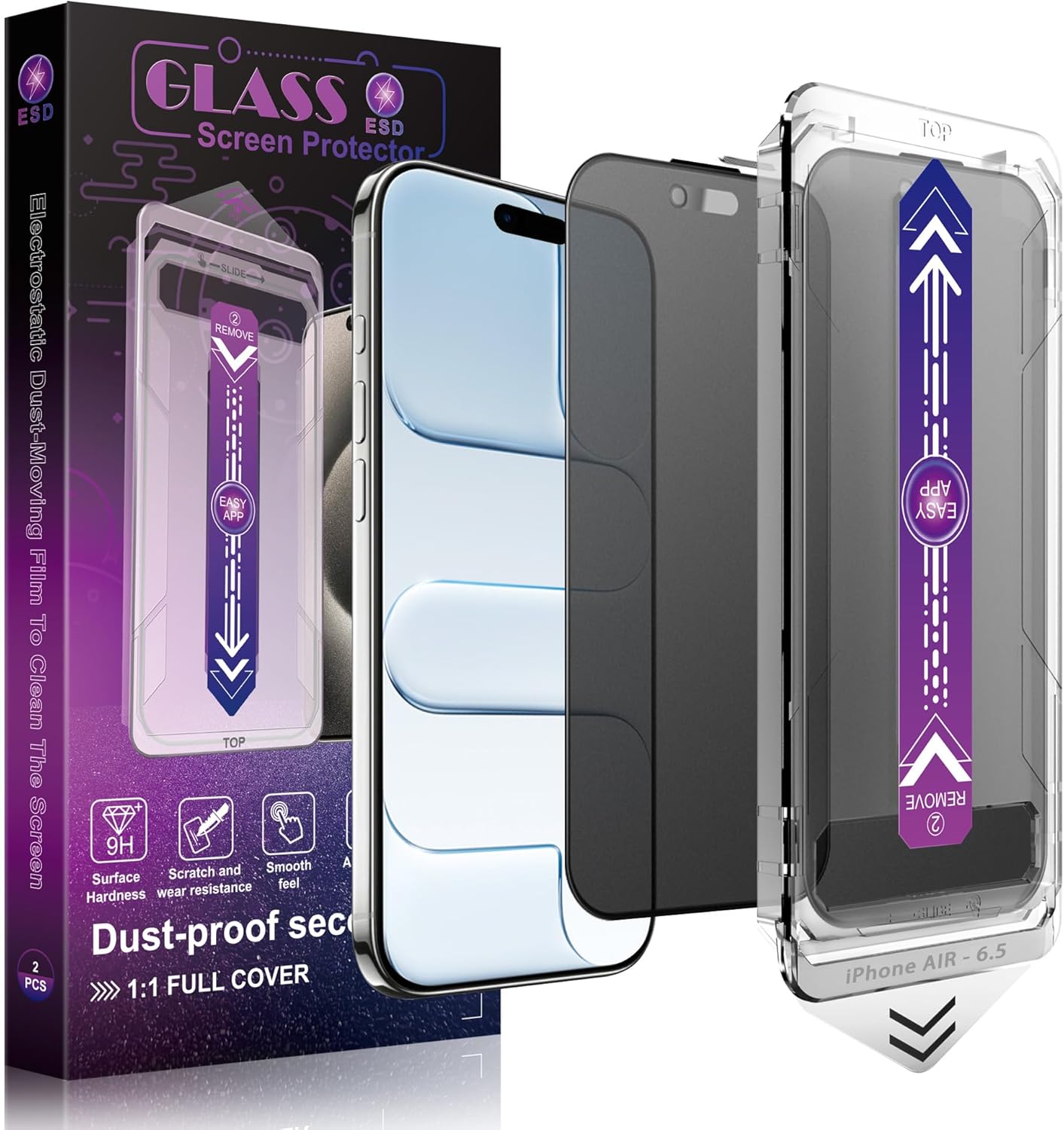 Matte Privacy Screen Protector for iPhone Air 6.5-Inch, Auto Dust Removal, 9H Anti-Spy Tempered Glass Film, Full Cover, Anti-Fingerprint, Easy Installation, 2 Pack