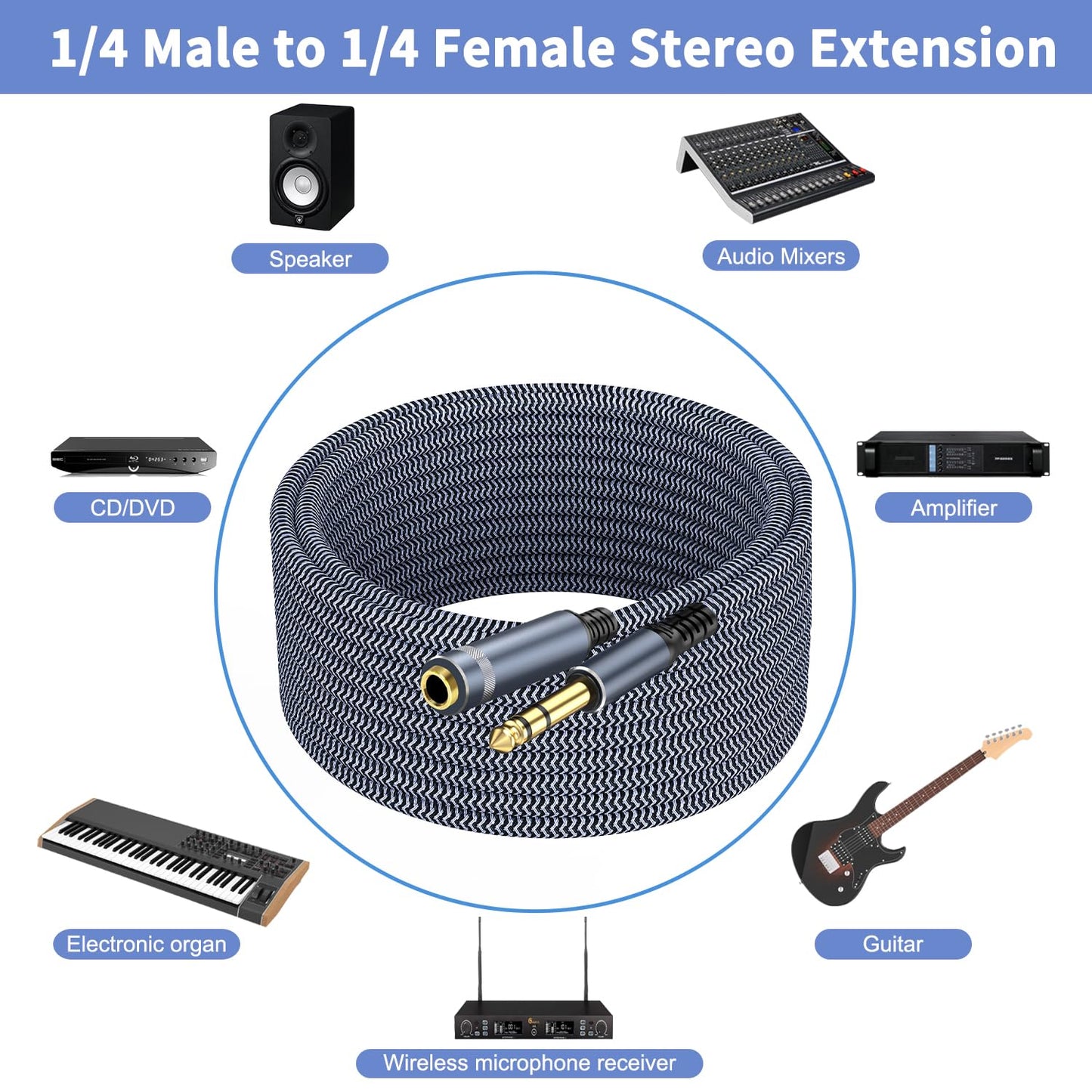 1/4 inch Extension Cable 15ft, 1/4" inch Male to Female Stereo Guitar Extension Cable