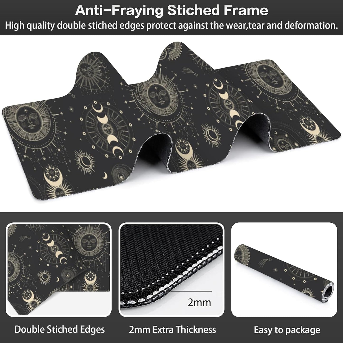 Phase of The Moon Desk Mat,Large Moon Phase Changes Gaming Keyboard Mouse Pad,Non-Slip Rubber Base Desk Pad Thick Stitched Edges Waterproof Mousepad Mouse Mat 31.5"x11.8"