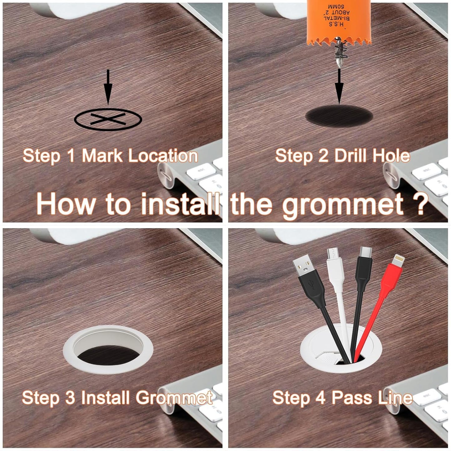 Desk Grommet 2 inch with Hole Saw, Desk Cord Hole Cover Grommet for Cables, 8 PCS, White