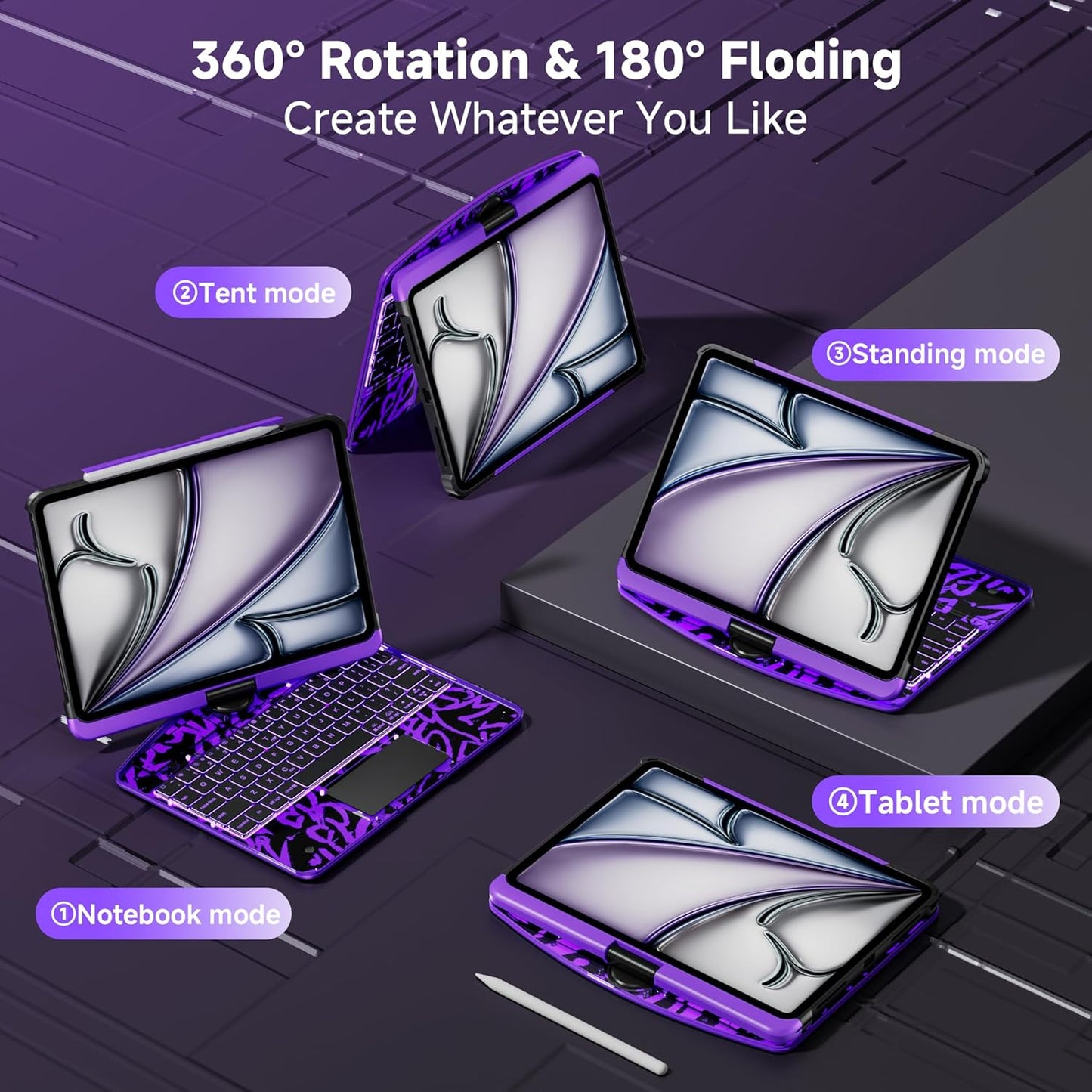 Keyboard Case for iPad 11 inch Pro 4/3/2/1st Gen & 11’’ iPad Air 2025 M3, 2024 M2 & 10.9" iPad Air 5th/4th Gen, 360° Rotating Stand Transparent Protective Cover with Pencil Holder (Purple)