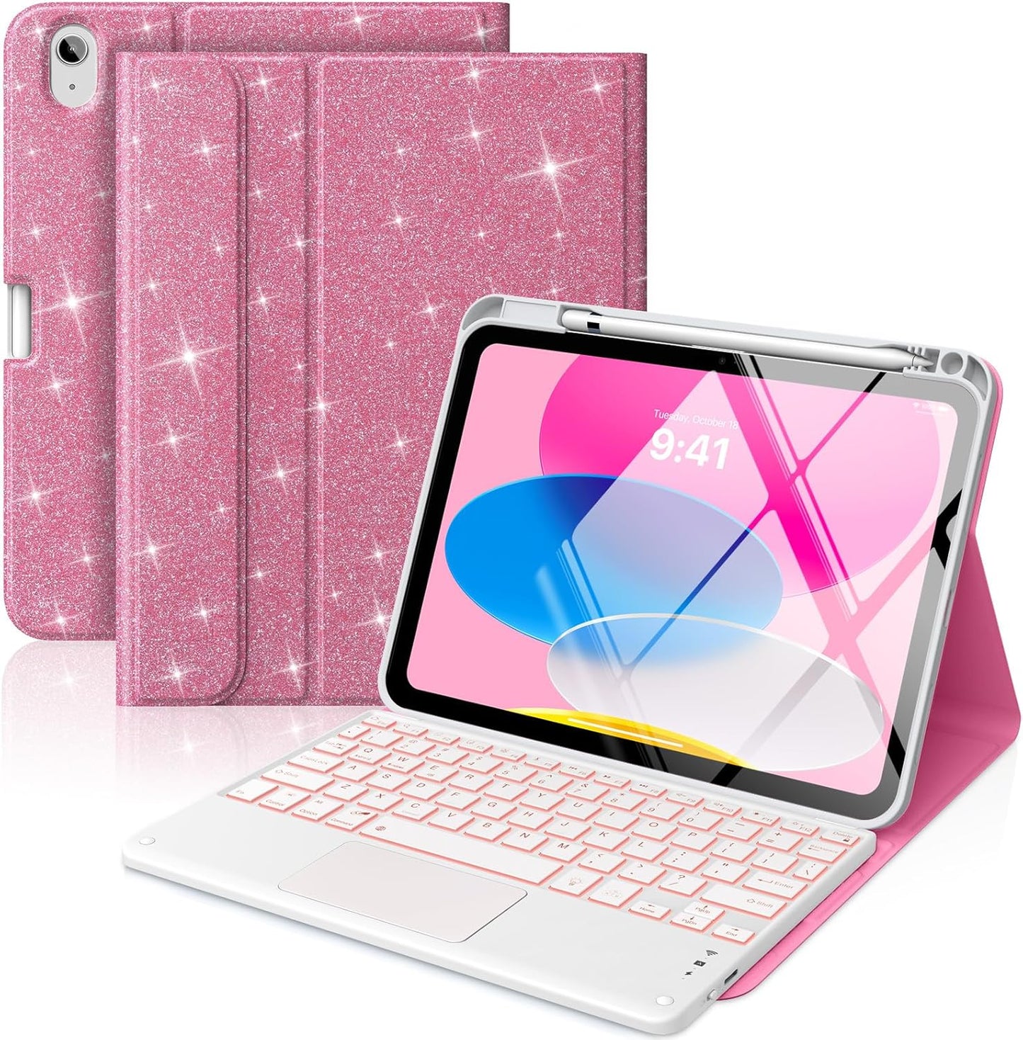 MoKo Touch Keyboard Case for iPad (A16) 11th Generation 11 inch 2025, iPad 10th Generation 10.9 inch Case with Pencil Holder, 7 Colors Backlit Multi-TrackPad Detachable Bluetooth Keyboard, Shiny Pink