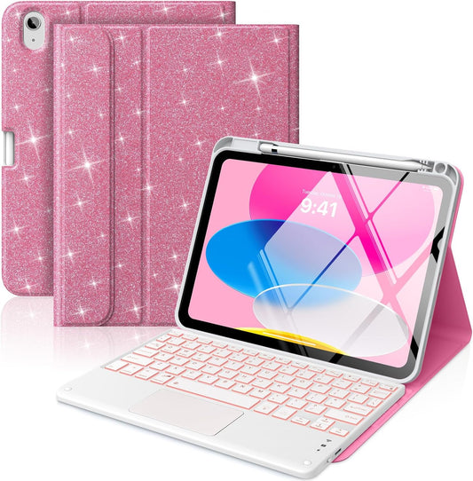 MoKo Touch Keyboard Case for iPad (A16) 11th Generation 11 inch 2025, iPad 10th Generation 10.9 inch Case with Pencil Holder, 7 Colors Backlit Multi-TrackPad Detachable Bluetooth Keyboard, Shiny Pink