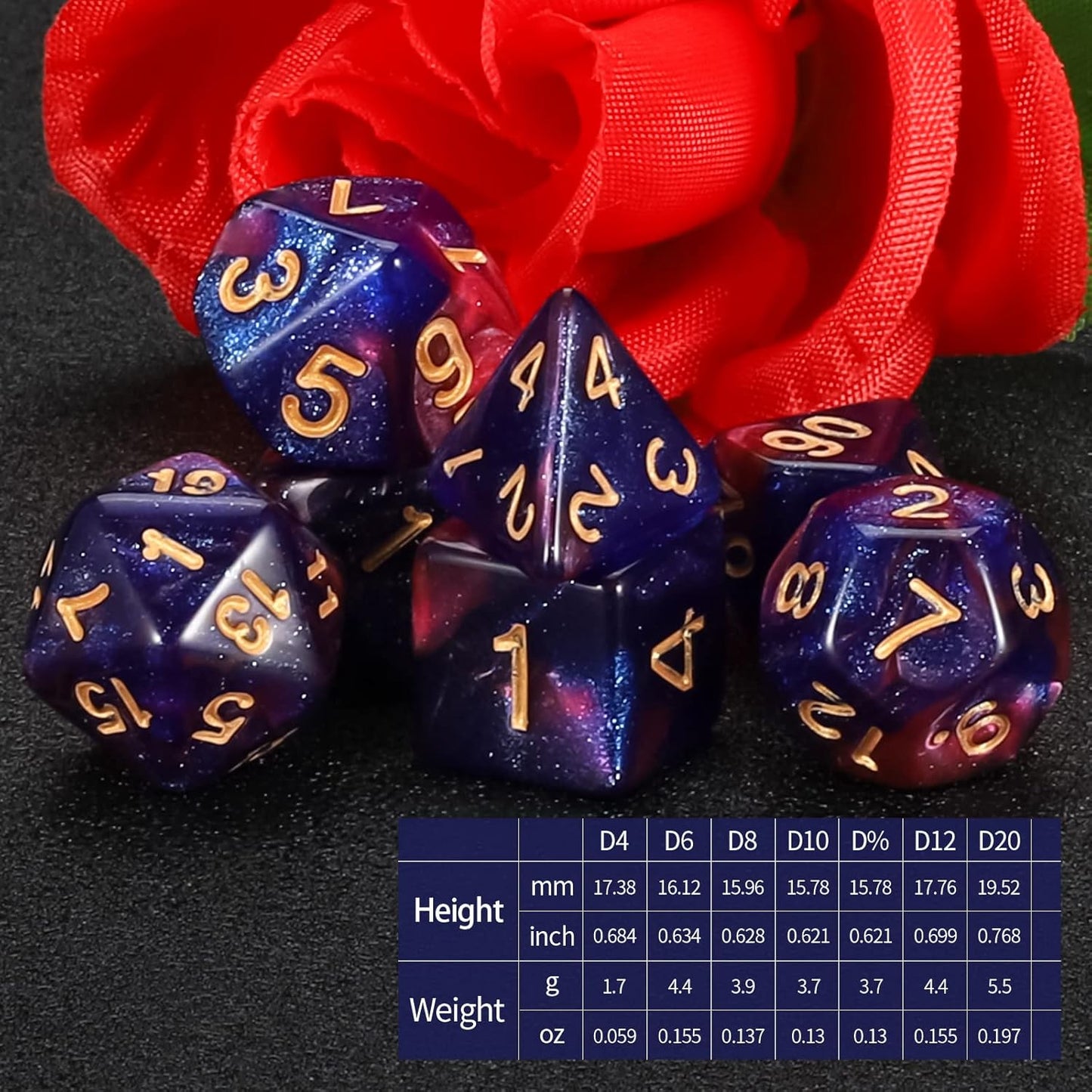 QMAY DND Dice Set - Polyhedral Dice (Blue Mix Purple Nebula) 7 Pcs for Dungeon and Dragons D&D RPG Role Playing Games Dice with Dice Bag