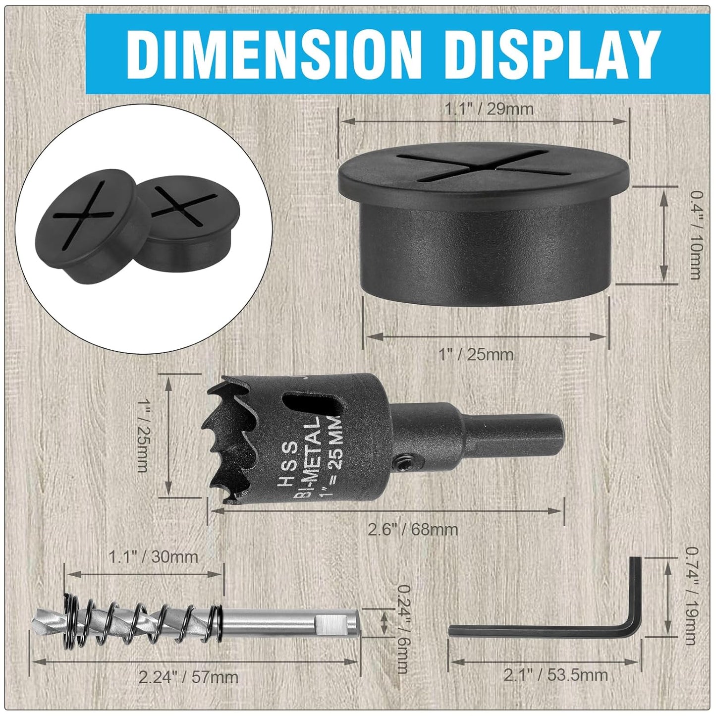 1" Black Desk Grommet, JTemgle Flexible Cable Grommet with Bi-Metal Hole Saw Cross Rubber Cable Hole Cover Wire Organizer Caps Desktop Cord Management for Home Office TV Stands Tabletops, 13 Pieces