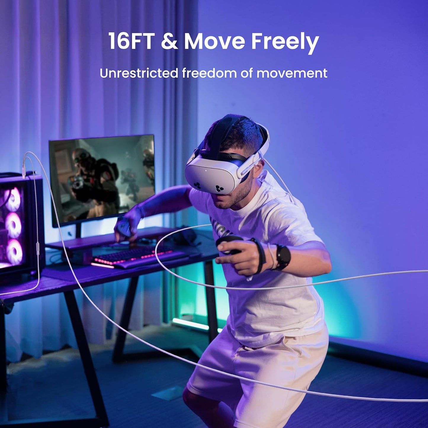 KIWI design Link Cable with Charging 16FT Compatible with Meta Quest 3S/3/2/Pro/Pico 4 Accessories and PC/SteamVR, USB 3.0 to USB C Link Cable with 5Gbps Super Speed for Extended Gameplay, White