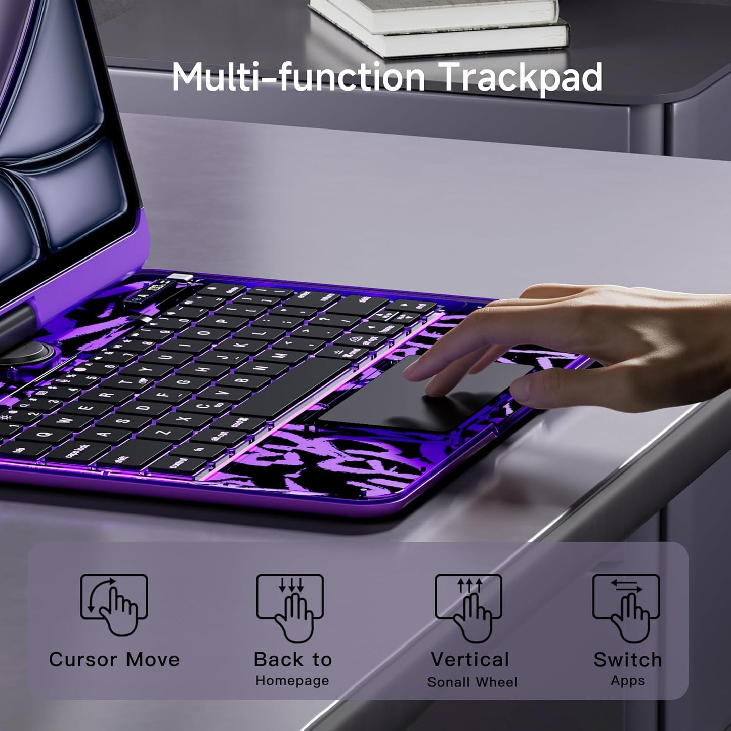 iPad Keyboard Case for 2024 M4 iPad Pro 13 inch, Magic Wireless Keyboard with Trackpad 7 Color Backlit, 360° Rotating Stand Transparent Protective Cover with Pencil Holder (Purple)