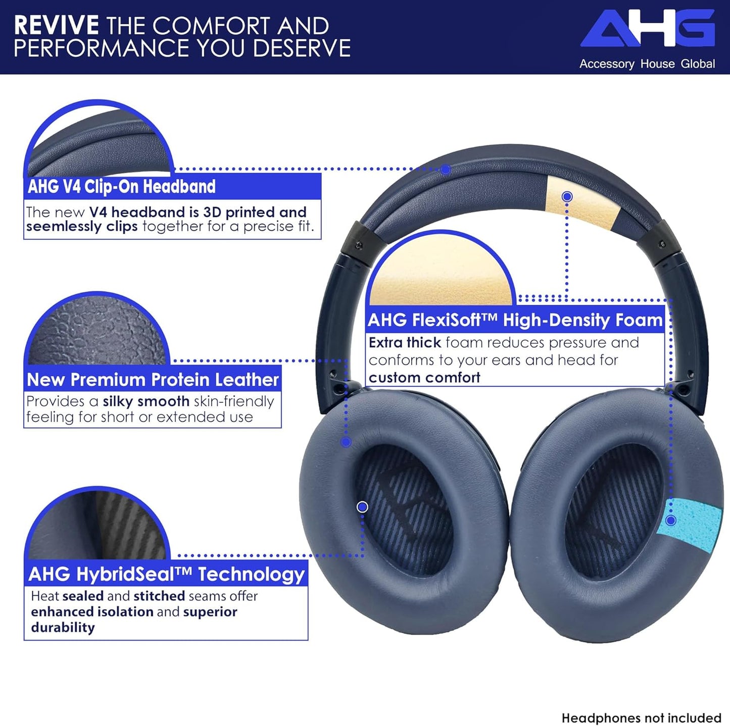 AHG QC35 earpads / QC35 ii Headband pad Cushion kit. Compatible w/Bose QuietComfort 35 ii / QC35 Headphones (MNB). Premium Headband Design | Seamless DIY Assembly | Superior Comfort and Durability