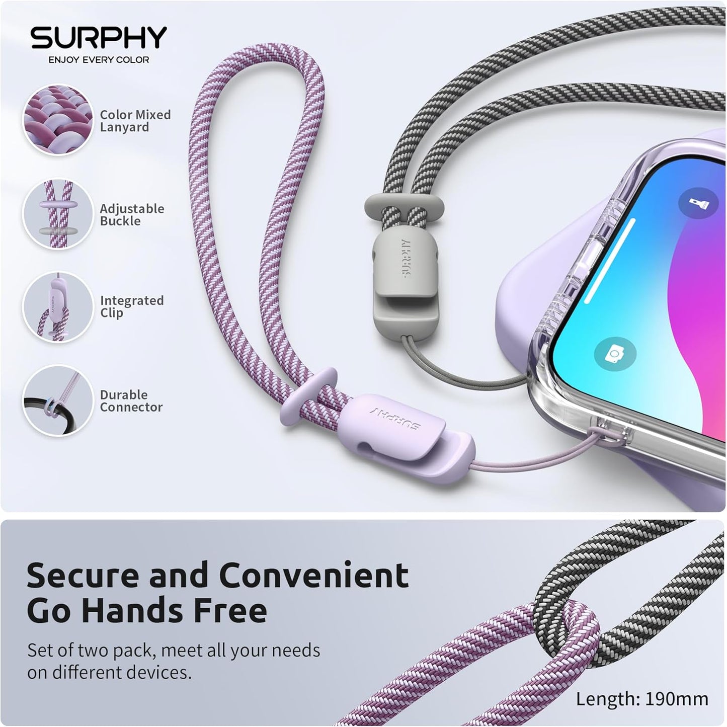 SURPHY 2 Pack Phone Lanyard for Cellphone Case, Phone Wrist Strap for Case, Cellphone Strap with 2-Color Braided, Charm Wrist Lanyard for Women and Men, Lilac & Gray