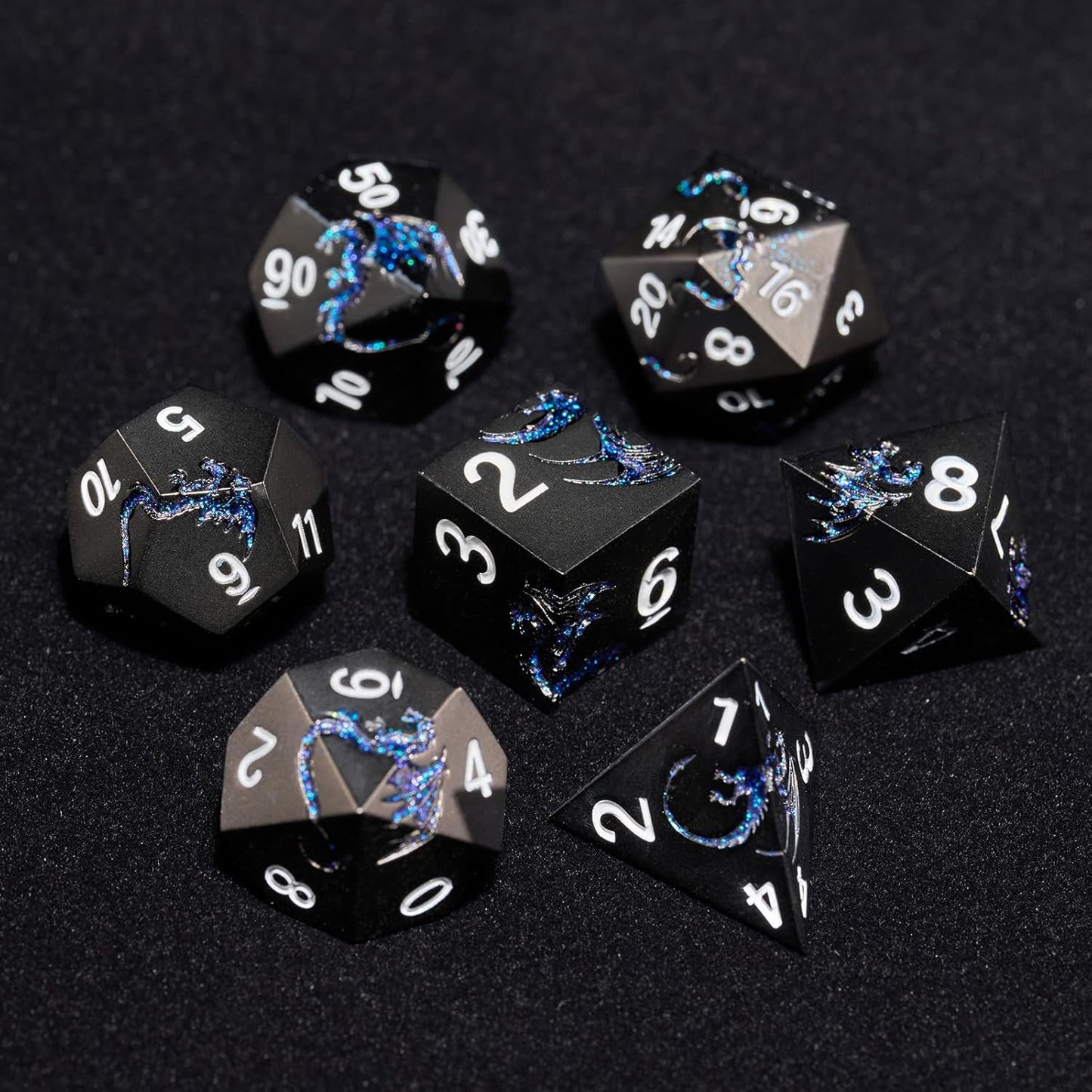 Metal Dice Set D&D,Glitter Blue Dragon Heavy Metallic DND Dice,Polyhedral Dice 7 Piece for Dungeons and Dragon Tabletop Game(Black Glitter Blue Dragon)