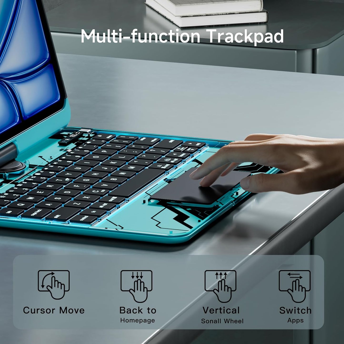 iPad Keyboard Case for 2024 M4 iPad Pro 11 inch, Magic Wireless Keyboard with Trackpad 7 Color Backlit, 360° Rotating Stand Transparent Protective Cover with Pencil Holder (Cyan)