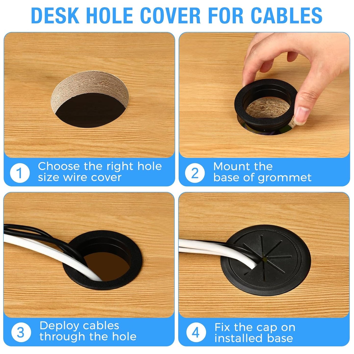 Desk Grommet 2" (50 mm), Desk Hole Cover for Cables Black, Cable Grommet ABS Plastic, Desk Hole Grommet for Office and Home Table Cable, Detachable & Flexible Cable Cord Organizer-4 Pcs