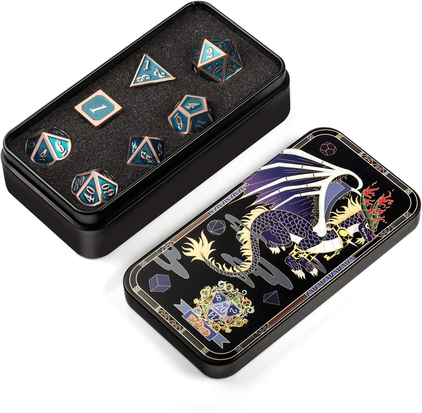 Teal D&D Metal Dice Set,DNDND 7 PCS Metallic Dungeons and Dragons Dice with Free Metal Case for D&D Game Role Playing (Teal and Copper)